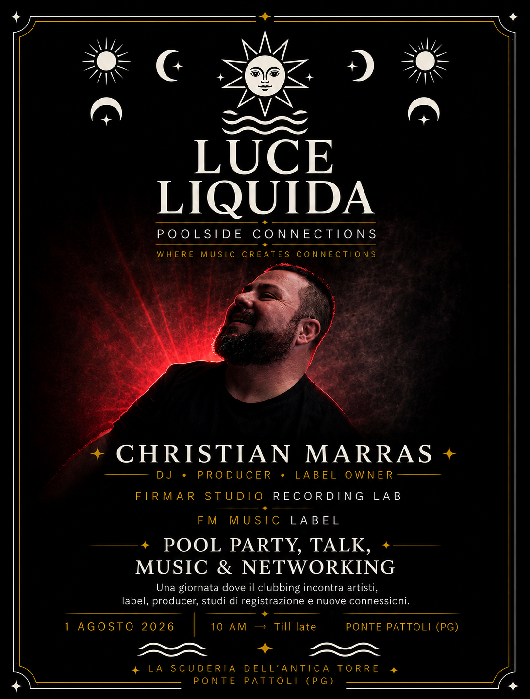 Luce Liquida — Poolside Connections. Christian Marras live at La Scuderia dell'Antica Torre, Ponte Pattoli (PG), 1 August 2026.